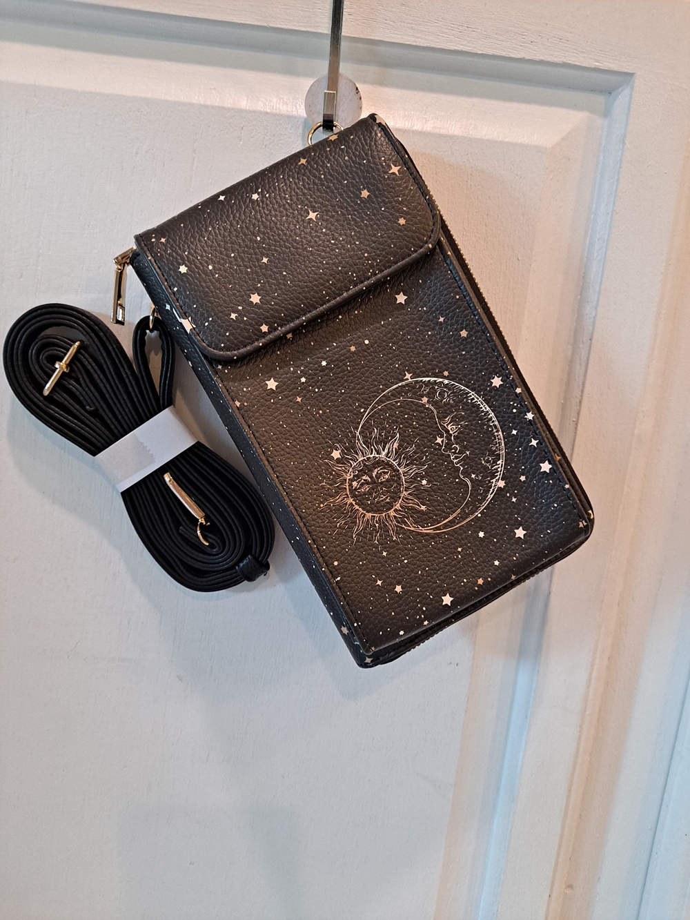 Miss Adola Celestial Black Crossbody Phone Wallet Gold Moon Sun Stars Vegan NWT